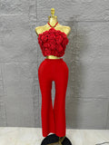 Elegant Two Piece Set Women Halter 3D Flower Crop Top High Waist Flare Pants Bandage Suit Party Casual Formal Wear