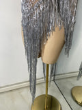 Women Sparkly Crystal Pearl Tassels Sexy Sheer See Through Bodycon Mini Silver Outfit Birthday Dress Dancer Performance Costume