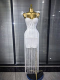 4 Colors Women Sexy Strap Shining Beading Long Tassles Bodycon Long Bandage Dress Elegant Evening Party Celebrate Birthday Wear