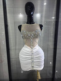 Women Sleeveless Sexy O-Neck Shining Crystal Bodycon Mini Dress Velvet Celebrate Evening Party Birthday Photoshoot Wear