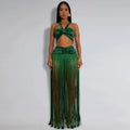 Women's Beach Style 2 Piece Set Sexy Strappy Top+Fringe Maxi Skirt Matching Set Summer Outfits Vacation Party Clubwear