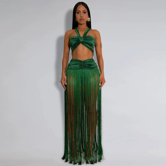 Women's Beach Style 2 Piece Set Sexy Strappy Top+Fringe Maxi Skirt Matching Set Summer Outfits Vacation Party Clubwear