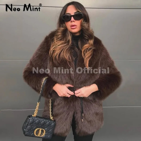 Winter Hot Brown Belted Faux Fur Coat Women Thick Warm Long Fox Fur Jacket Chic Brand Fashion Girls Furry Overcoat