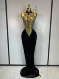 Sparkly Rhinestone Velvet Maxi Long Dress For Woman Sexy Backless Luxury Birthday Dress Evening Party Nightclub Stage Costume