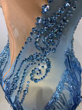 Sparkly Blue Rhinestone Tassel Mesh See Through Dress Pole Dancer Singer Outfit Women Sexy Evening Party Club Stage Costume