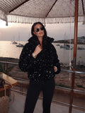 Womens Black Sequin Puffer Coat Zip Up Stand Collar Pockets Warm Jacket Fall Winter Party Club Streetwear Trendy Lady Cozy Wear