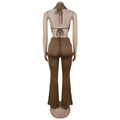 Women's Ruched Pant Set Brown Halter Crop Top And Flared Trouser Two-Piece Set Elegant V-neck Design Cut-Out Club Outfits