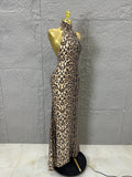 Refined Leopard Print Maxi Dress Women Sexy Halter Neck Sleeveless Sequin Embellished Bodycon Outfit Nightclub Party Costume
