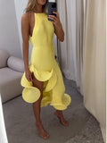 Sexy Spliced Ruffled Hem Midi Dress for Women Halter Sleeveless High Waist Patchwork Lace Up Slim Dresses Female