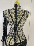 Women One Shoulder Latin Dance Outfits Sexy Leopard Print Sparkly Diamond Tassel See-Through Dress Nightclub Party Stage Costume