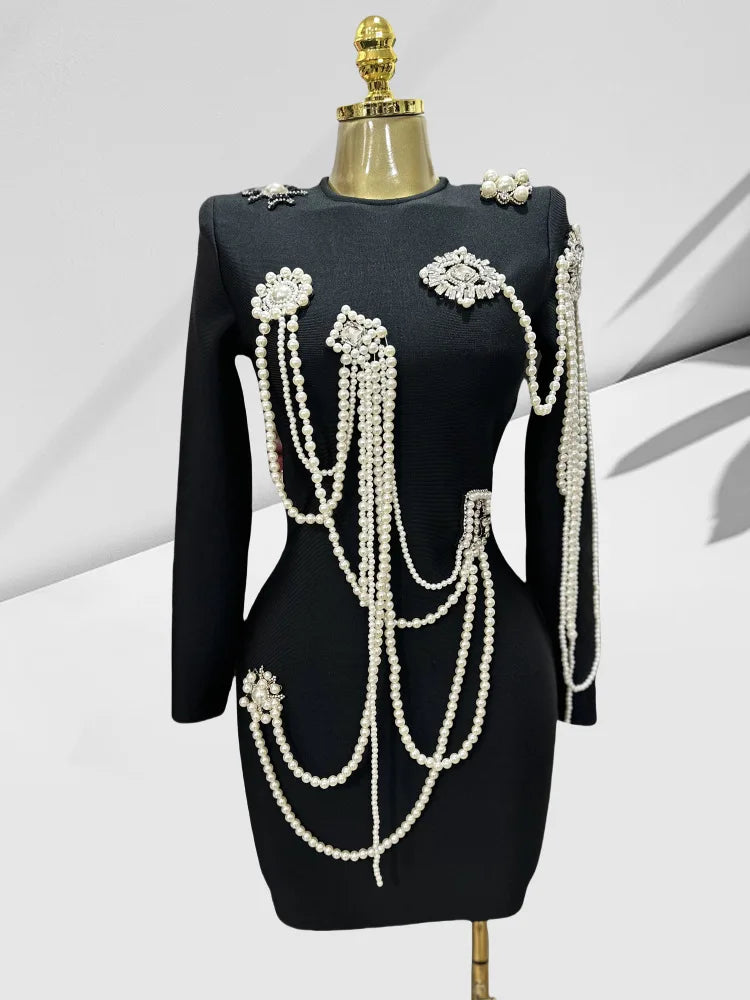 Luxury Beaded Black Bandage Short Dress Fashion Hepburn Party Banquet Performance Wear Cocktail Formal Gown Luxury Evening Gowns