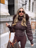 Women Cropped Puffer Jacket Stand Collar Full Zip Long Sleeve Ribbed Hem Warm Slim Fit Winter 2026 Lady Daily Casual Outerwear