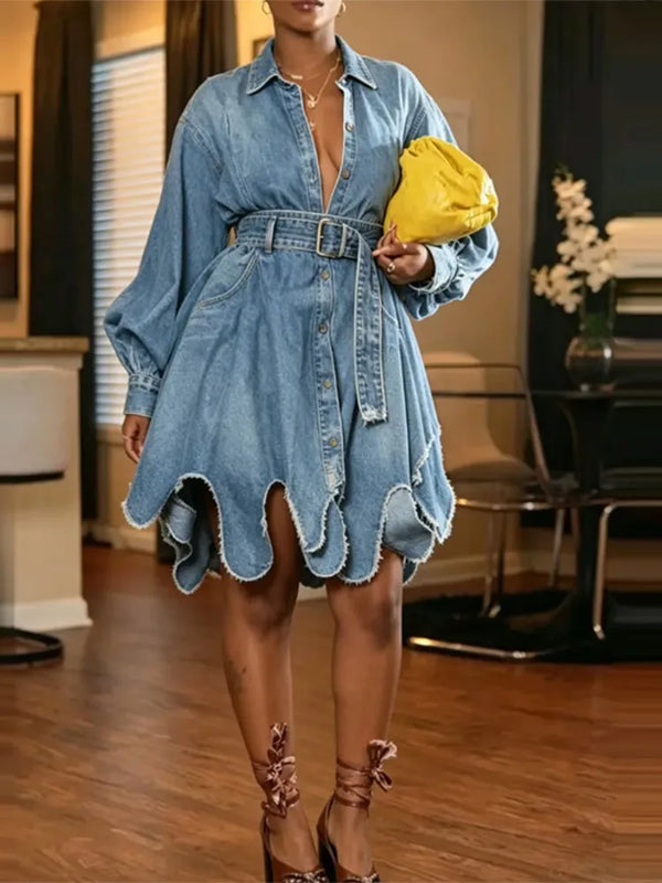 Women Lapel Long Sleeve Denim Dresses Belted Waist Ruffle Hem Loose Elegant Casual Shirt Mini Dress Autumn