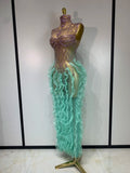 Sparkly Rhinestone Sleeveless Mesh Ruffled See Through Long Dress Sexy Evening Birthday Party Nightclub Bar Singer Stage Costume