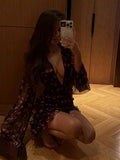Elegant Flora Painted Ruffle Mini Dress Women Chic Full Sleeve Deep V-neck Slim A-line Short Robe 2026 Lady Vacation Street Gown