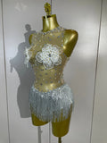 Women Sexy Mesh See Through Performance Leotard Dance Singer Show Stage Wear Luxury Sparkly Rhinestone Flower Tassels Bodysuit