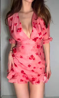 Pink Floral Printed Ruffle Hem Mini Dress Women Deep V-neck Puff-sleeve High Waist Bodycon Dress 2026 Lady Cocktail Party Wears