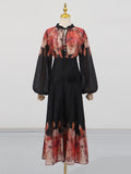 Vintage Loose Two Piece Set for Women V Neck Puff Sleeve Spliced Lace Up Top High Waist Fold Printing Skirt Suit Female New