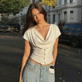 Women Summer Top Fashion Button-Front Patchwork V-Neck Pleated Fitted Top New Casual High-Street Party Female T-Shirts