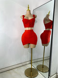 Women Sexy Knitted Mini Bodycon Top Bandage Skirt Two Piece Sets 2025 Celebrity High Street Night Club Birthday Party Outfits