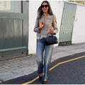 Spliced Lace Hem Jacket Elegant Long Sleeve V-neck Waisted Contrast Lace Bottom Design Casual Coat Autumn Fashion Retro Jackets