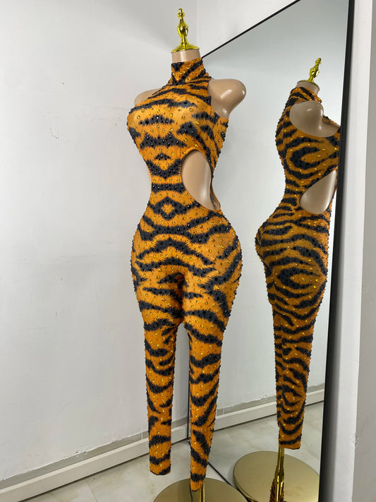 Sparkly Crystal Tiger Stripe Print Women Sexy Sleeveless Stretch Hollow Out Jumpsuit Nightclub Stage Performance Dance Costume