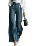 Women Denim Jeans High Waist Wide Leg Double Zipper Spliced Split Hem Vintage Streetwear Chic Autumn 2026 New