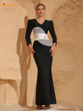Women Celebrity Sexy Long Sleeve Patchwork Black Maxi Long Bodycon Bandage Dress 2024 Elegant Evening Club Party Outfit