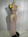 Women Sexy Mesh See Through Long Dress Elegant Sparkly Pink Diamond Eveing Party Nightclub DJ Stage Costume Photo Shoot Outfits