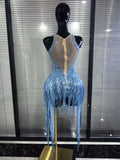 Blue Color Women Sexy Shining Crystal Sequins Fringes Bodycon Mini Dress Mesh See Through Celebrate Birthday Photoshoot Wear