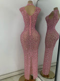 Luxury Crystal Diamonds Long Party Dress Sexy Mesh Sleeveless See Through Evening Prom Birthday Women's Clothing Singer Wear