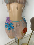 Women Glitter Crop Top Floral Mesh See Through Sets Nightclub Performance Outfit Two Pieces Party Birthday Clothing