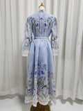 Blue Retro Romantic Floral Print Swing Dress for Women Stand Collar Flare Sleeve Waist Tie Design Mid Skirt for Travel Shoot
