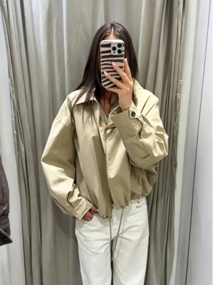 Khaki Hooded Cropped Jacket Faux Two‑inner Zip‑up Plaid Fabric Drawstring Bottom Women Coats Spring Autumn Casual Daily Outfits