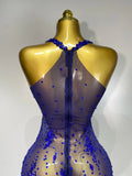 Sparkly Crystal Diamond Gold Sexy See-Through Sheath Dress Nightclub Performance Custome Stage Wear Birthday Evening Party Dress