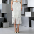 White Fringe Modern Two Piece Set for Women Nitched Collar Sleeves Tank Top Tiered Designmid Skirt Suit for Art Exhibitions
