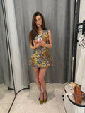 Women's Floral Sleeveless Mini Dress Vintage V-neck Straighten The Hem Slim Short Dresses 2026 Lady Summer Daily Commute Wear