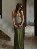 Elegant Green Skirt Set For Women Chic Fishbone Sleeveless Backless Lace Up Vest Satin Long Skirt Lady Evening Party Outfit
