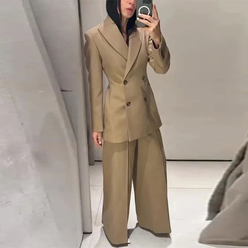 Elegant Blazer Jacket Pant Set Women Slim Fit Solid Lapel Double Breasted Coat Wide Leg Pant 2026 Spring Lady Commute Outfit New