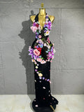 3D Floral Rhinestone Halter Maxi Bodysuit Dress Women Deep V Mesh See-Through Long Gown Carnival Rave Festival Performance Costume