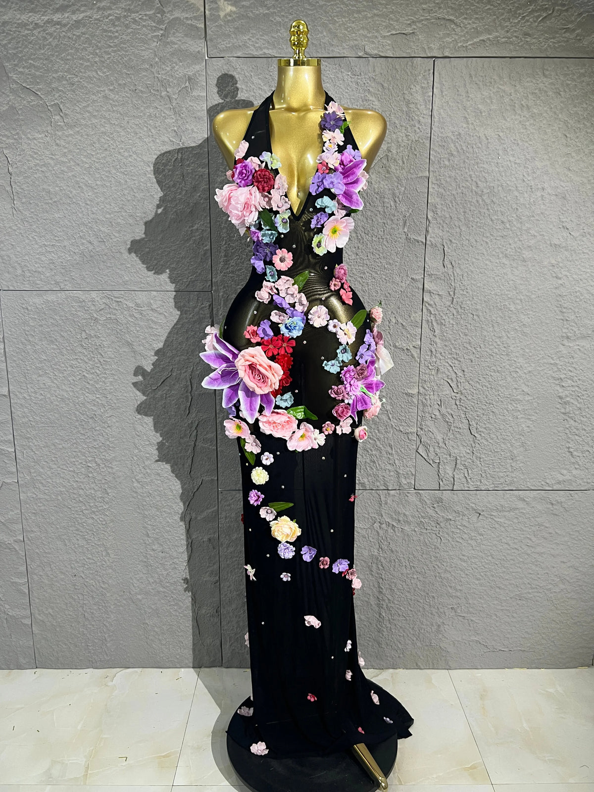 3D Floral Rhinestone Halter Maxi Bodysuit Dress Women Deep V Mesh See-Through Long Gown Carnival Rave Festival Performance Costume