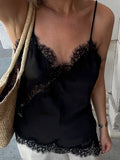 See Througth Lace Edge Tank Tops for Women V Neck Sleeveless Pathwork Hollow Out Sexy Fashionable Vest Female New
