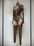 Women 2026 Stretch Leopard Print Sexy Bodycon Jumpsuit Bar Nightclub Singer Dancer Luxury Diamond Stage Performance Outfit