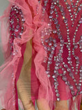 Sexy Mesh Ruffle See-Through Pink Mini Dress Women Sparkly Rhinestone Evening Gown Show Girl Night Club Star Performance Costume