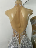 Sparkly Rhinestones Pearls Women Sexy Sleeveless High Split Mesh See Through Birthday Dress Nightclub Party Performance Costume