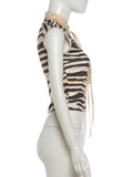 Tiger Print Vest Women Standing Collar Bandage Tassel Hollow Hip-Hop Style Sexy Summer Wild Street Fashion Slim Tops