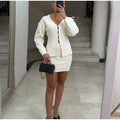 V Neck Women Knit Two Piece Set Single Button Knit Cardigan High Waist Bodycon Mini Skirt Slim Figure Flattering Fit Fashion
