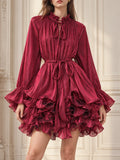 Ruffled Mock Neck Mini Dress for Women Tie Neck Long Sleeve Flare Cuff Self Tie Sash Waist Tiered Ruffle for Party Occasions