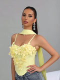 Sexy Splice Appliques Sling Fishbone Top With Ribbon Solid Flowers Backless Party Nightclub Birthday Bandage Tank Top