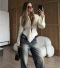 Autumn Knit Cardigan Women's New Vintage Hollow Out Long-Sleeved Sweater 2026 Casual Streetwear White Knit Top Female